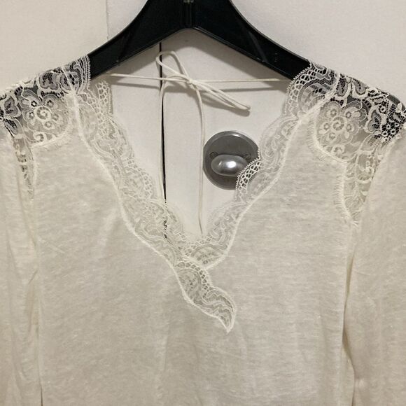 Sandro Paris Linen Long Sleeve Top with Lace Detail. Off White. Size 3 (L). - Picture 2 of 12